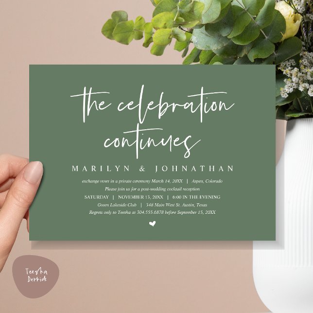 Invitación El Boda moderno Elopement la celebración continúa (Wedding Elopement, Modern celebration continues Invitation Card, PDF, in Sage Green)