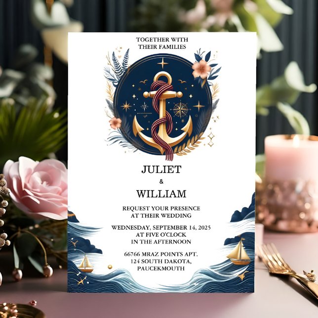 Invitación El Boda Náutico Azul de la Marina de Barco Rope Kn (Subido por el creador)