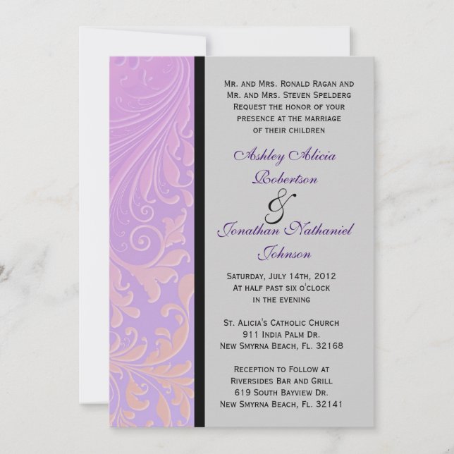 Invitación El boda púrpura del damasco invita (Anverso)