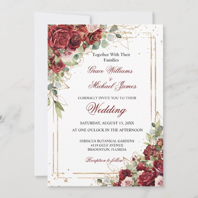 Invitación El Boda Rosa Roja de Novia Ruborizante (Anverso)