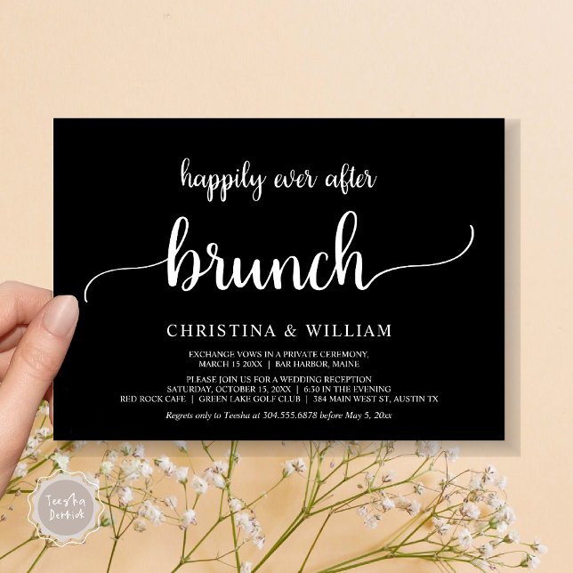 Invitación El Boda ruso Elopement feliz nunca después de Brun (Rustic Wedding Elopement Happily Ever After Brunch Invitation Card, PDF, in Classy Black)
