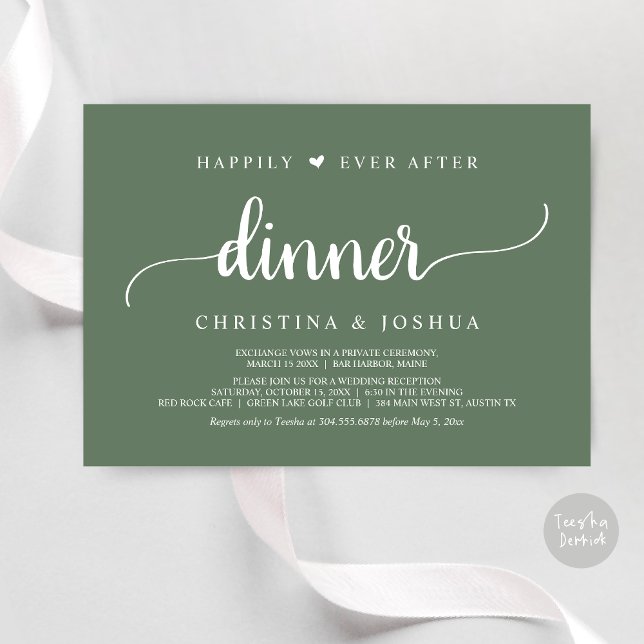 Invitación El Boda ruso Elopement feliz nunca después de la c (Happily Ever After Dinner Invitation Card, Modern Elopement Rustic Script, PDF, Forest Sage Green)