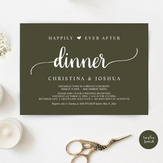 Invitación El Boda ruso Elopement feliz nunca después de la c (Happily Ever After Dinner Invitation Card, Modern Elopement Rustic Script, PDF, Olive Green)