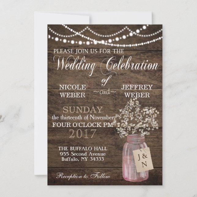Invitación El Boda Rústico De Barn Pink Mason Jar Babys Respi (Anverso)