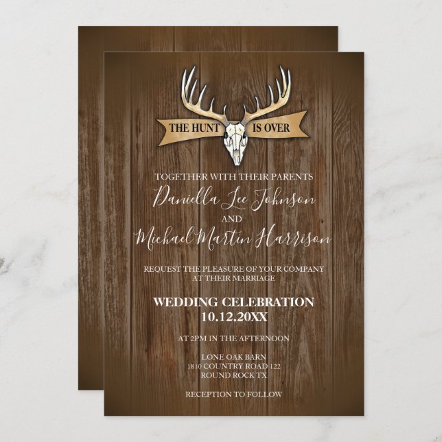 Invitación El Boda Rústico La Cacería Ha Terminado (Anverso / Reverso)