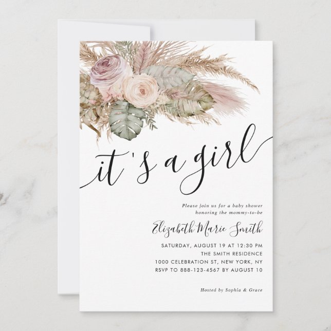 Invitación El Boho Bohemian de Pampas es un Baby Shower Chica (Anverso)