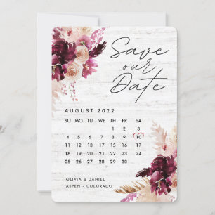 Invitación El Boho Boho Borgoña Calendario Rojo Salva La Fech