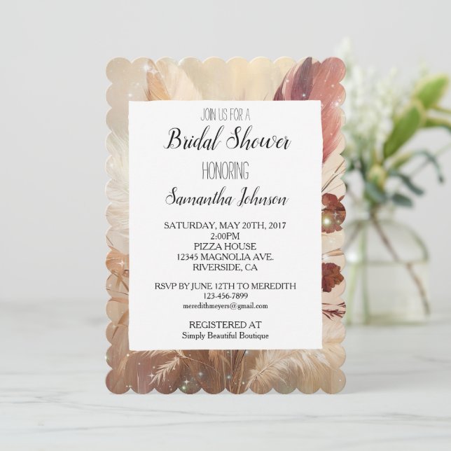 Invitación El Boho de Cream Rojo Fethers Floral Bridal Shower (Anverso de pie)