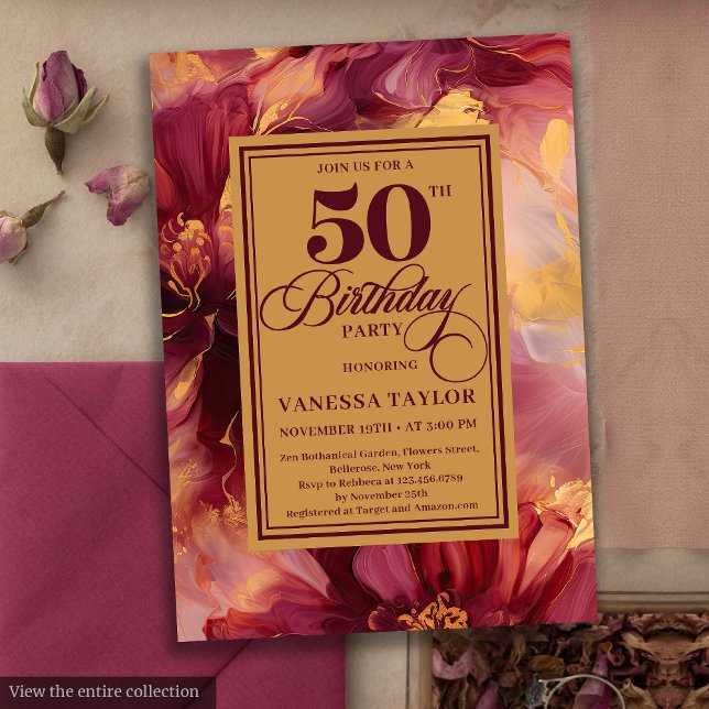 Invitación El Boho de Lujo Burgundy Gold Flores 50 cumpleaños (Luxury Boho Burgundy Gold Flowers 50th Birthday Invite)