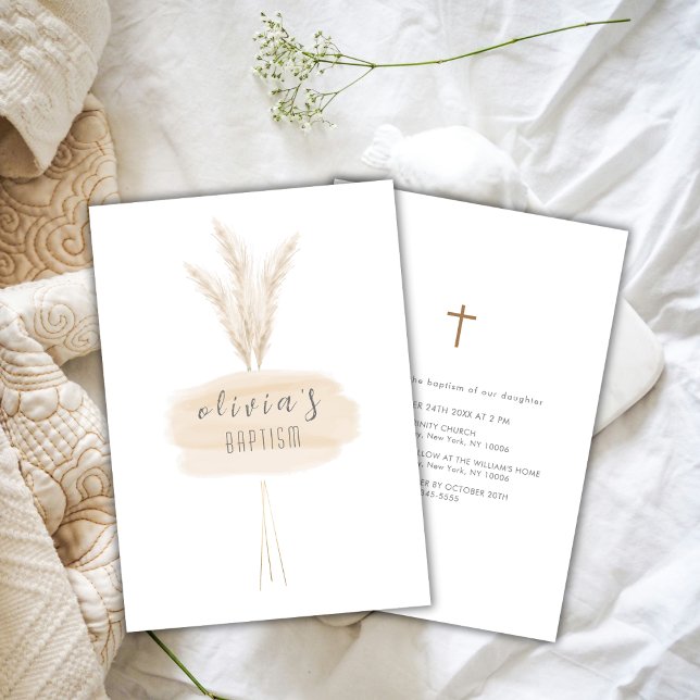Invitación El boho moderno neutral pampas bautizo (Neutral Modern Boho Pampas Christening Baptism Invitation)