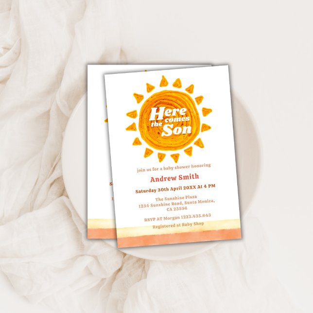 Invitación El Boho moderno viene aquí el Baby Shower del hijo (Modern Boho Here Comes The Son Baby Shower Invitation)