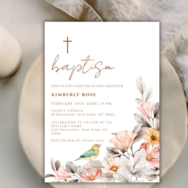 Invitación El Boho moderno y ruso cruza el bautismo (Rustic Modern Boho Wildflower Cross Baptism Invitation)