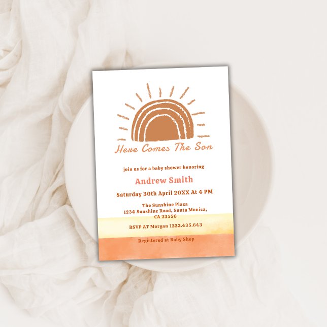 Invitación El Boho Neutral Aquí Viene El Baby Shower Del Hijo (Neutral Boho Here Comes The Son Baby Shower Invitation)