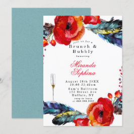 Invitación El Boho Rojo Poppy Feathers Brunch & Bubbly Invita