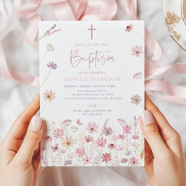 Invitación El Boho Rosa Dusty Wildflowers Baptism (Subido por el creador)