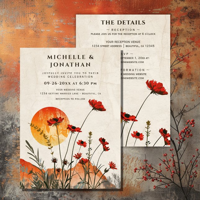 Invitación El Boho Wildflowers de los Cachorros se pone el so (Poppies Boho Wildflowers Sunset All in One Wedding Invitation)