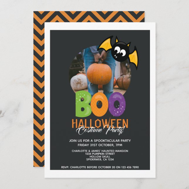 Invitación El Boo De La Fiesta De Halloween Y El Bat Personal (Anverso / Reverso)