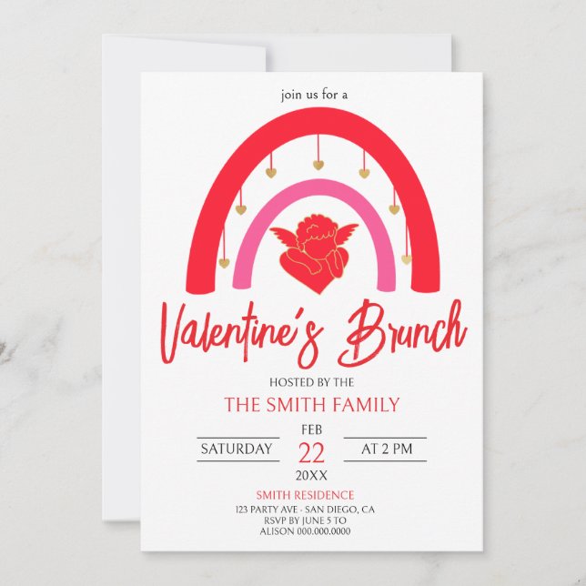 Invitación El brunch rojo arcoiris y cupido de San Valentín (Anverso)