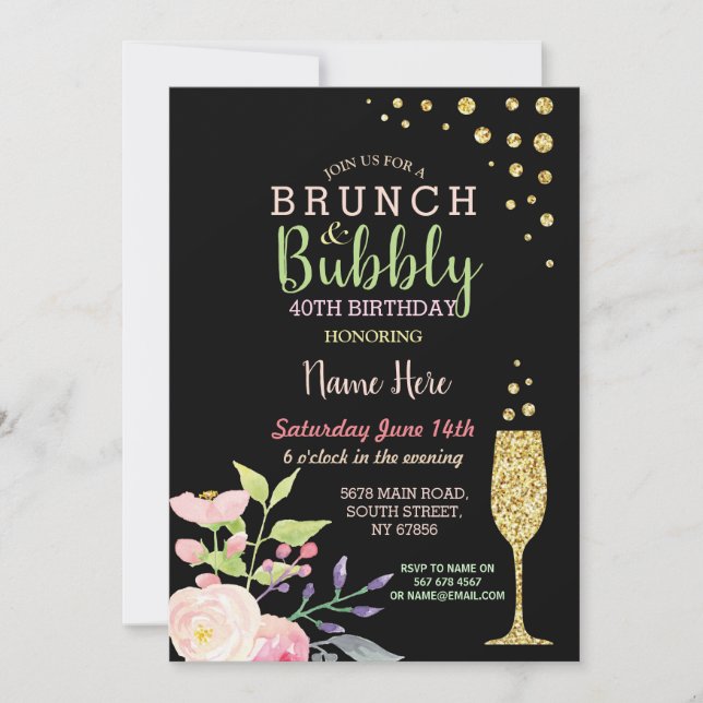 Invitación El brunch y el oro burbujeante del cumpleaños (Anverso)