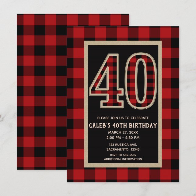 Invitación El búfalo negro rojo rústico cumplió 40 años (Anverso / Reverso)