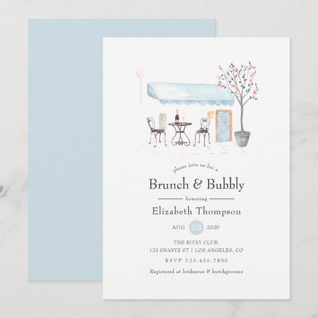 Invitación El café Paris Watercolor Brunch y Bubbly (Anverso / Reverso)
