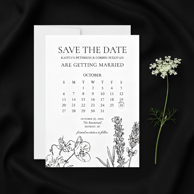 Invitación El calendario elegante de flores silvestres salva  (Wild Flower Calendar Save The Date Card | Wedding Save The Date)