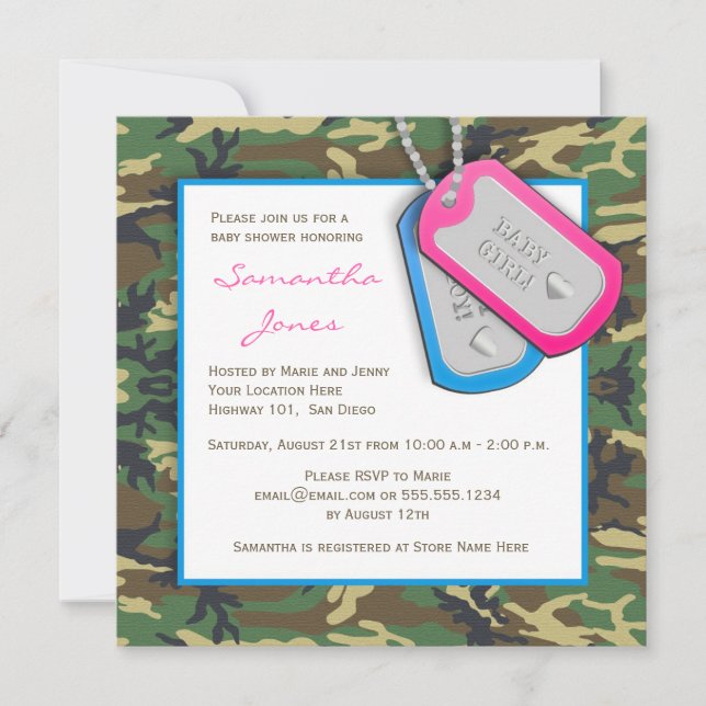 Invitación El camuflaje/los gemelos Baby Shower de Camo (Anverso)
