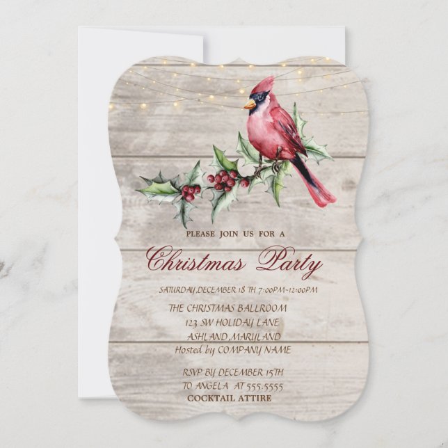 Invitación El cardenal rojo Holly Berry Wood Navidad Corporat (Anverso)