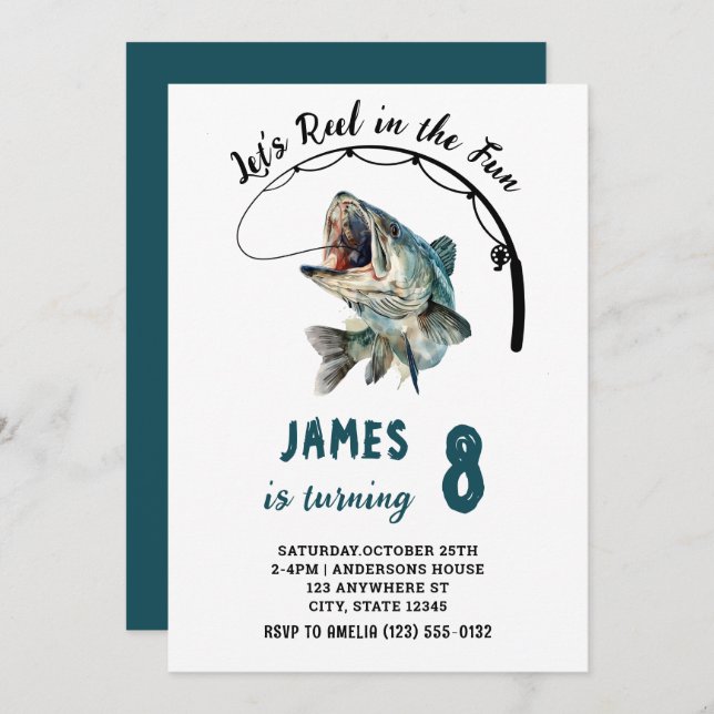 Invitación El carrete acuarela en el cumpleaños de la pesca d (Anverso / Reverso)