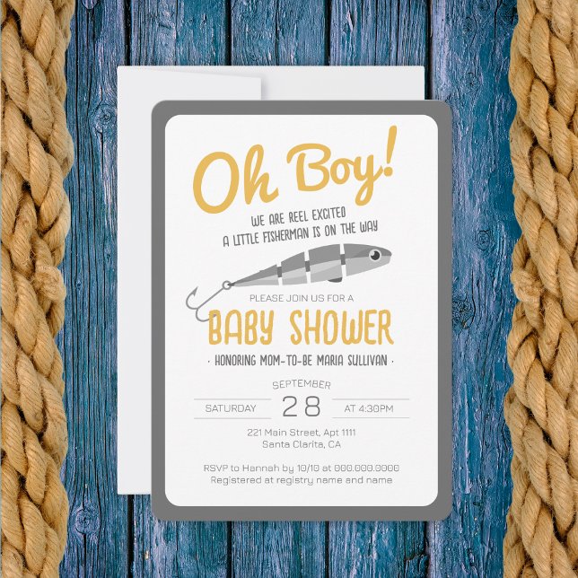 Invitación El carrete de pesca entusiasmado Oh Boy Baby Showe (Fishing Reel Excited Oh Boy Baby Shower Invitation
)