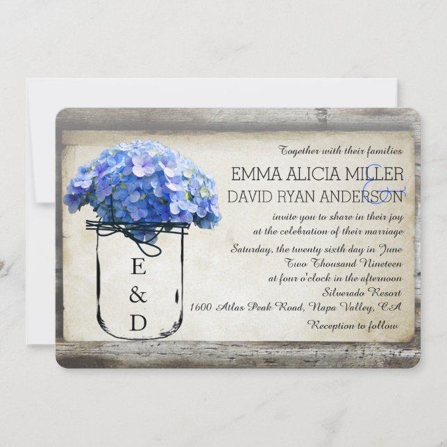 Invitación El casarse azul de madera de los Hydrangeas del (Anverso)