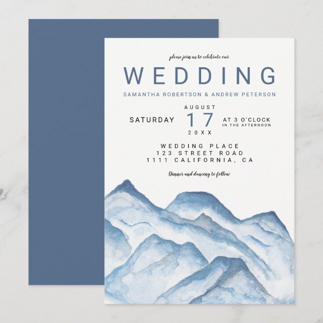 Invitación El casarse azul moderno de las montañas de la (Anverso / Reverso)