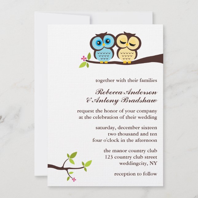 Invitación El casarse azul y amarillo de los búhos (Anverso)