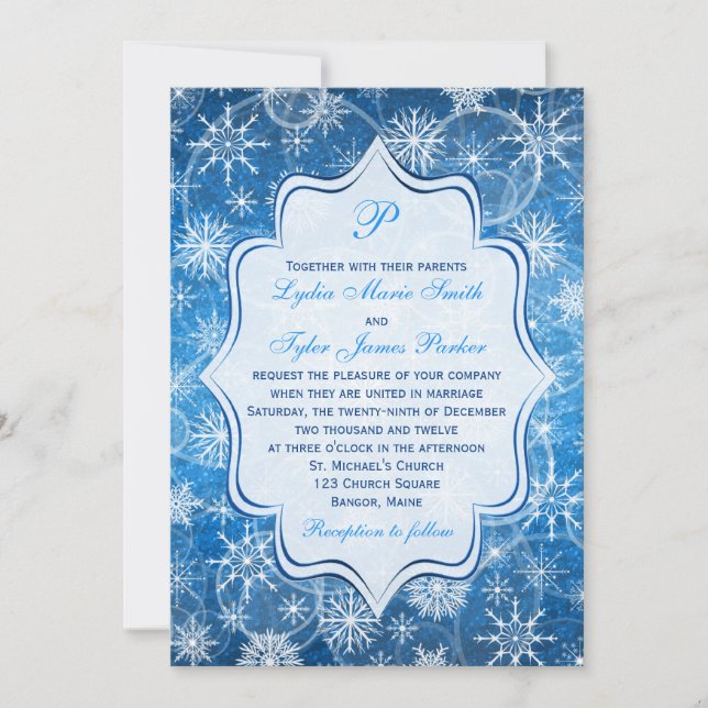 Invitación El casarse azul y blanco del monograma de los (Anverso)