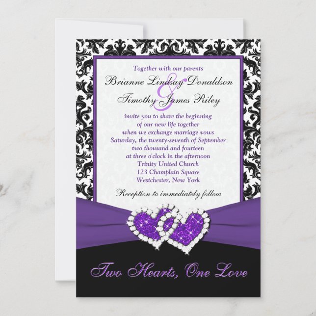 Invitación El casarse púrpura blanco negro de los corazones (Anverso)
