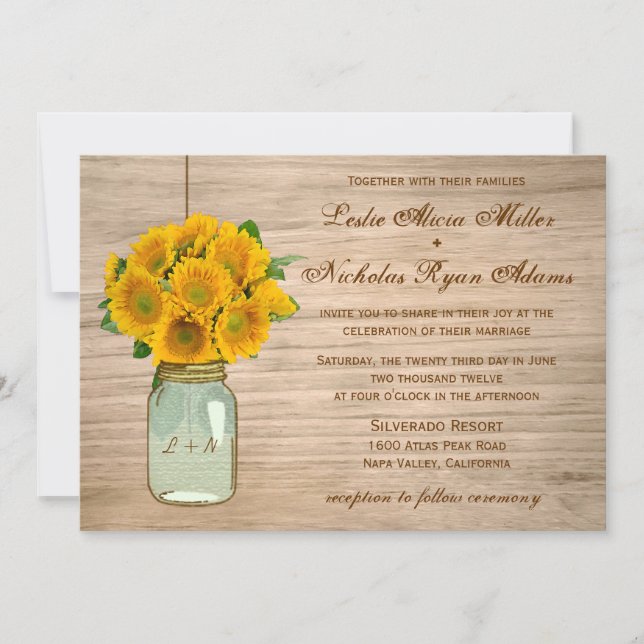 Invitación El casarse rústico de los girasoles del tarro de (Anverso)