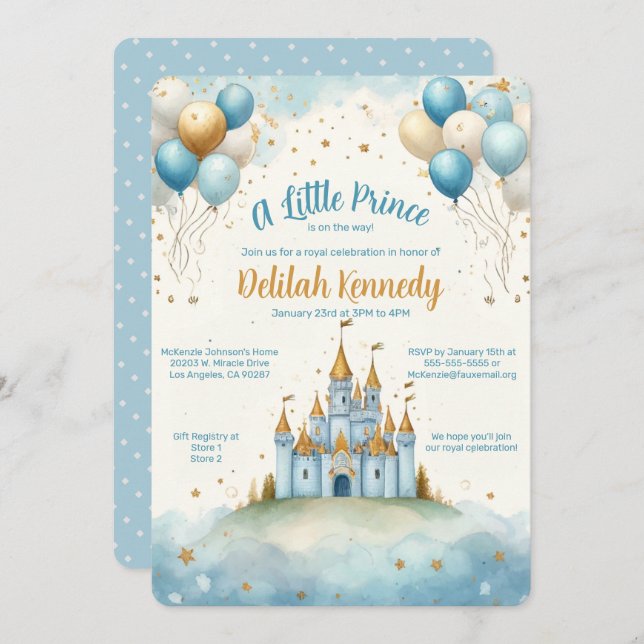 Invitación El castillo de un Principito y el Baby Shower en g (Anverso / Reverso)