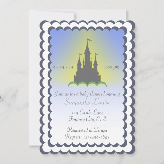 Invitación El Castillo Gray Blue Dreamy En El Baby Shower De  (Anverso)