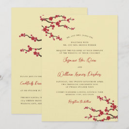 Invitación El cerezo Sakura rojo florece en Boda asiático mod