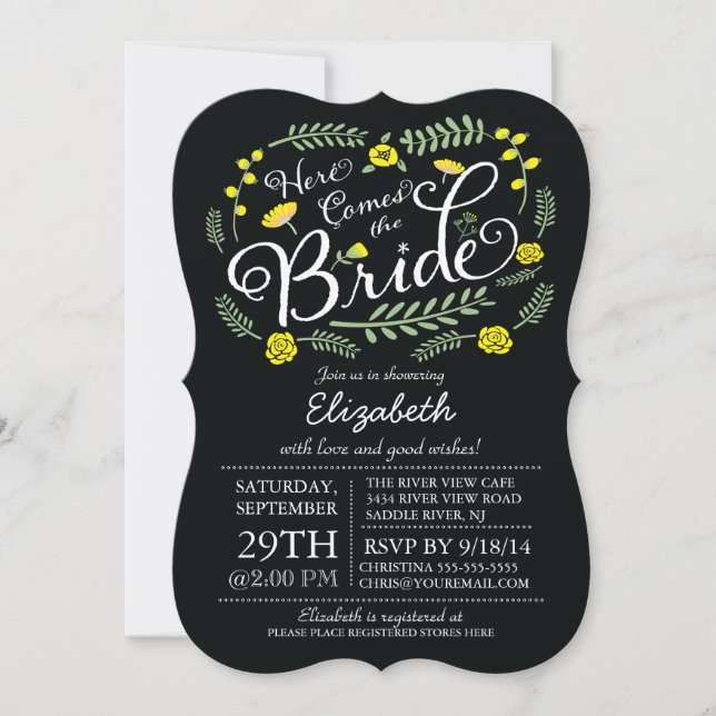 Invitación El Chalkboard Moderno Viene Con El Floral De Novia (Anverso)