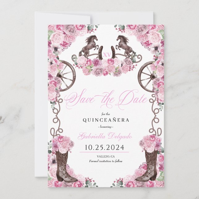 Invitación El Charro Rosa Occidental Salva La Fecha Quinceañe (Anverso)