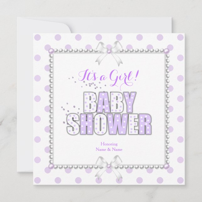 Invitación El Chica de Baby Shower Morple White Polka Dots Pe (Anverso)