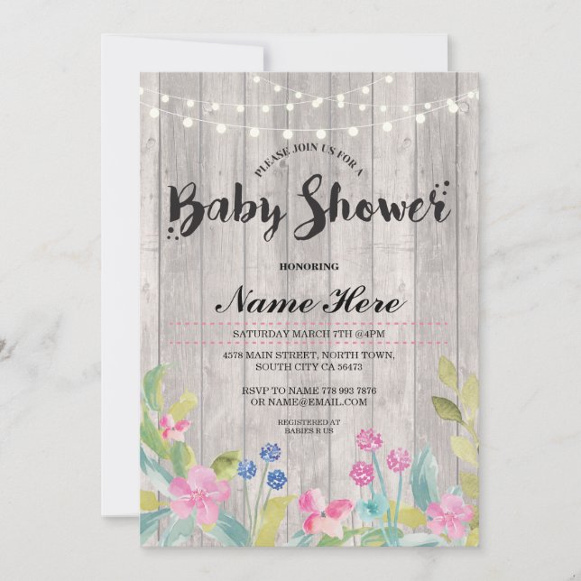 Invitación El chica de Baby Shower o las luces florales de (Anverso)