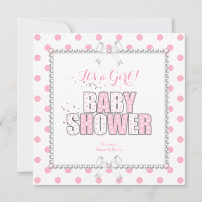 Invitación El Chica de Baby Shower Pink White Polka Dots Pear (Anverso)