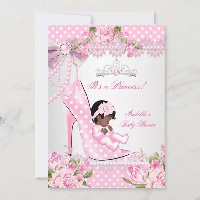 Invitación El Chica de Baby Shower Rosa Polka Pone los tacone (Anverso)