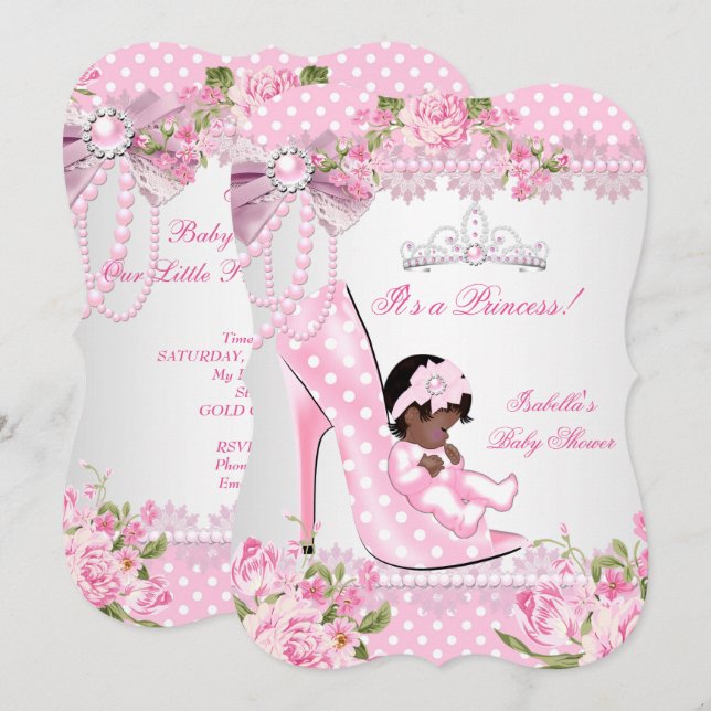 Invitación El Chica de Baby Shower Rosa Polka Pone los tacone (Anverso / Reverso)