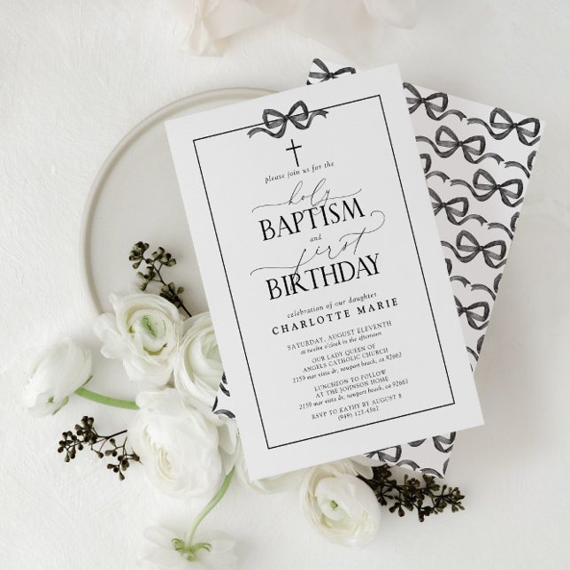 Invitación El Chica de la vaca negra y el bautismo sagrado y  (Easily personalize this beautiful baptism and first birthday invitation with your personal details)