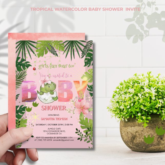 Invitación ¡El chica también puede rugir! Baby Shower de dino (Girl Can Roar Too! Watercolor Dinosaur Baby Shower Invitation)