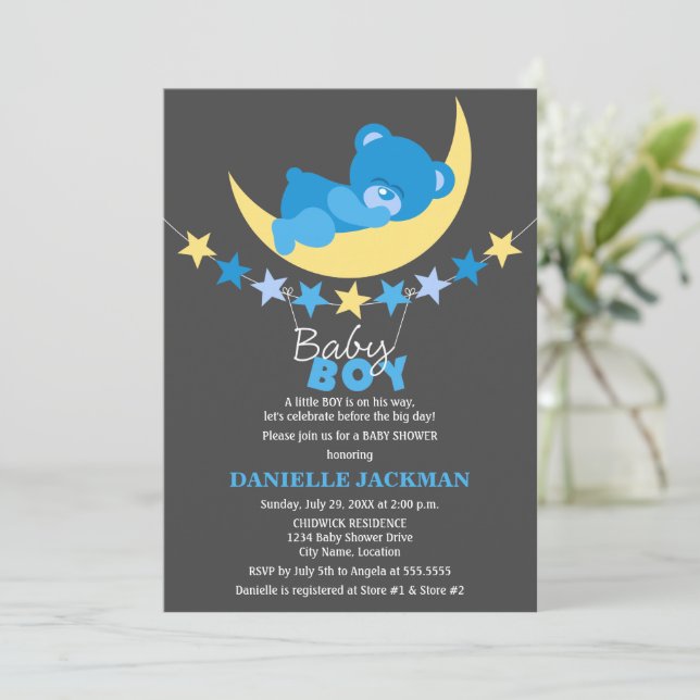 Invitación El chico azul durmiente Teddy Bear en la Luna Baby (Anverso de pie)