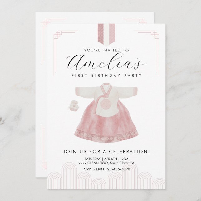 Invitación El chico rosado Hanbok Doljanchi, el primer cumple (Anverso / Reverso)